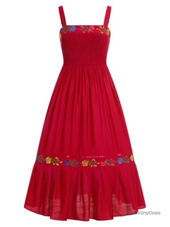 Dresses & Skirts - Womens Floral Embroidery Maxi Dress Smocked Spaghetti Strap Fiesta Costume